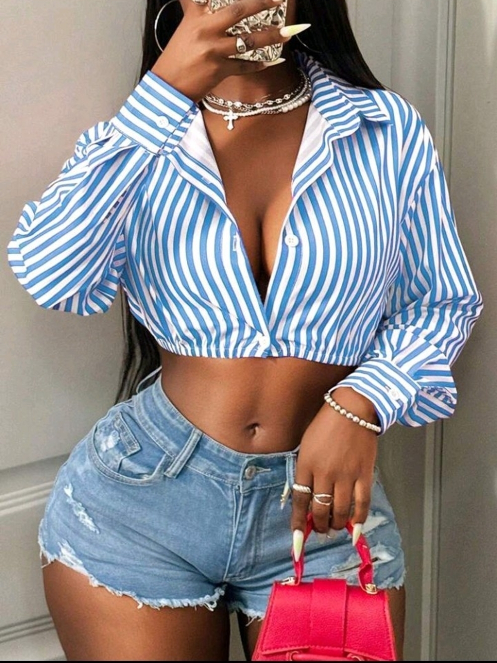 Blue White Stripe Cropped Button-Front Shirt